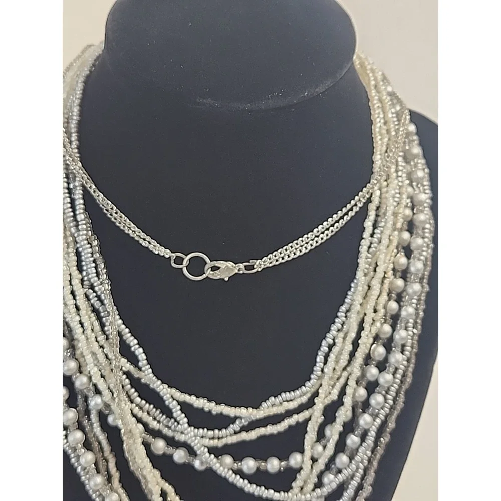 Mutli-Strand Layered Bib Necklace Silver Tones‎ W/ Glass Seed Beads 30